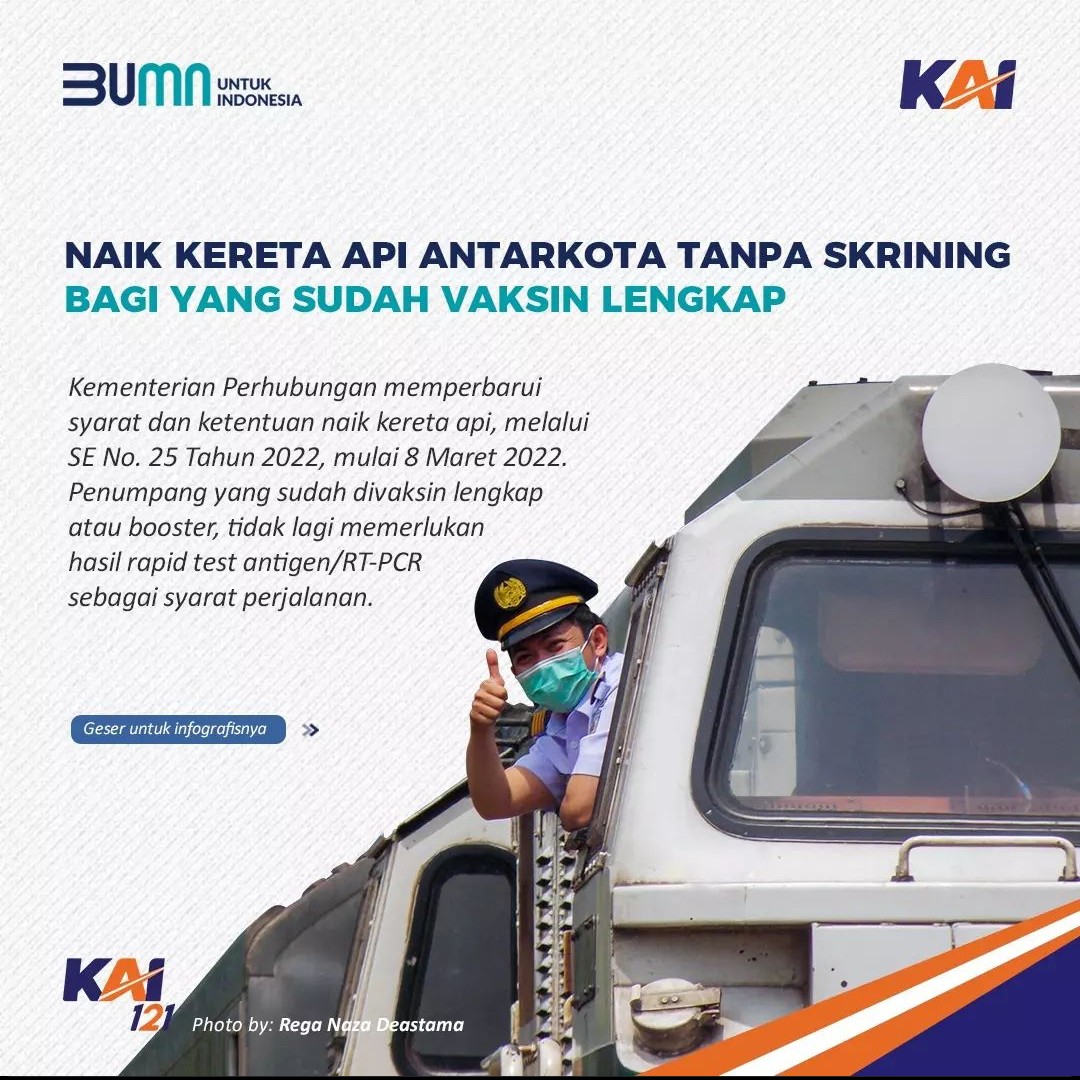Pelanggan KA Rajabasa dan KA Kuala Stabas yang Sudah Vaksin Lengkap Tidak Perlu Antigen/PCR